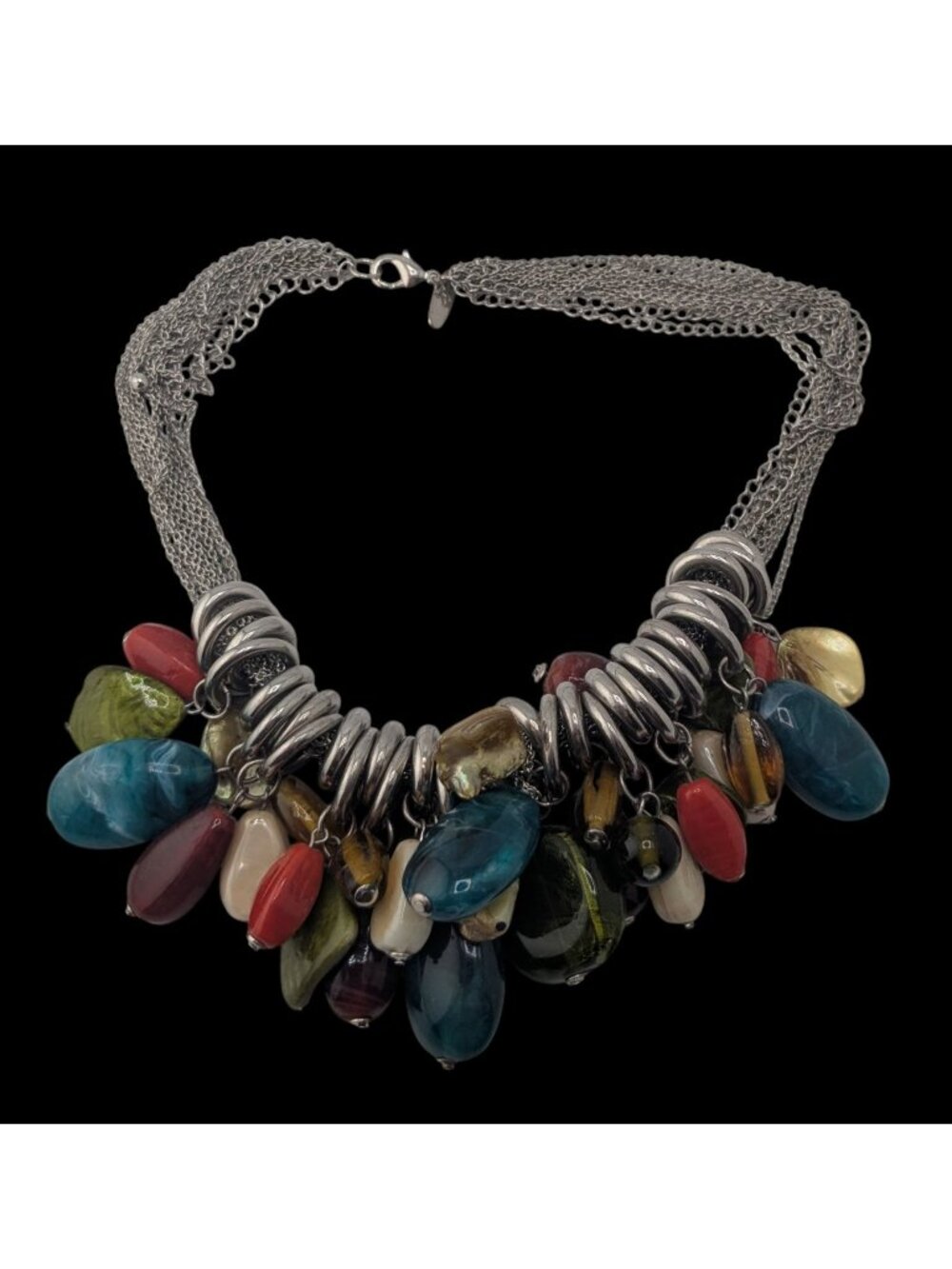 Boho NY & Co Chunky Multicolor Beaded Fringe Statement Necklace Silver Tone Laye